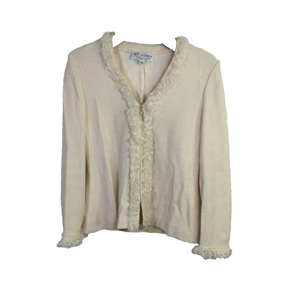 St. John Collection Women's Vintage Fringe Trim Full Zip Cardigan Cream Size 6